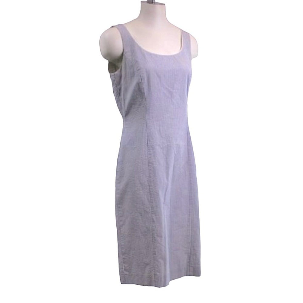 Tahari Classics Cotton Seersucker Blue White Stripe Sleeveless Sheath Dress 14